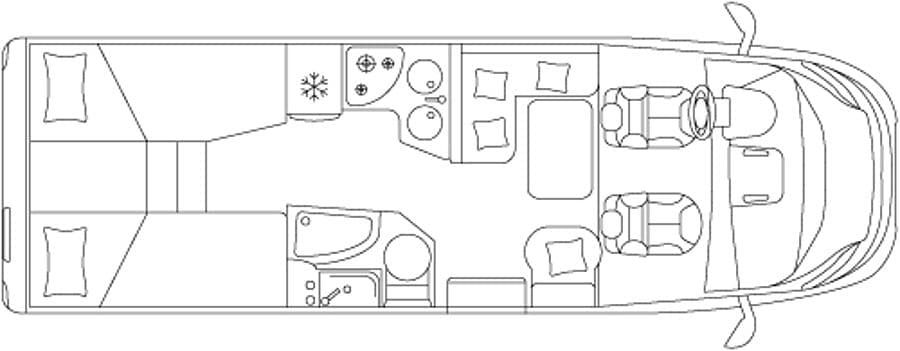 4-berth campervan floor plan showing rear double bed, central bathroom, side kitchen, dinette and front cab
