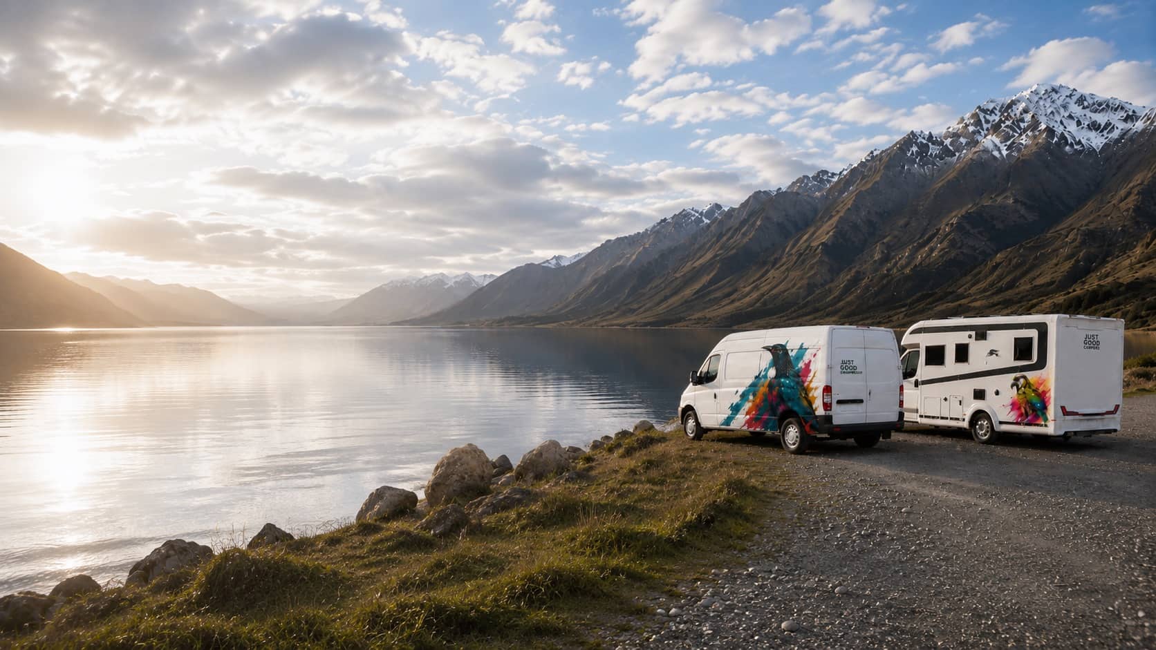 Two JustGoodCampers campervans parked beside a New Zealand alpine lake