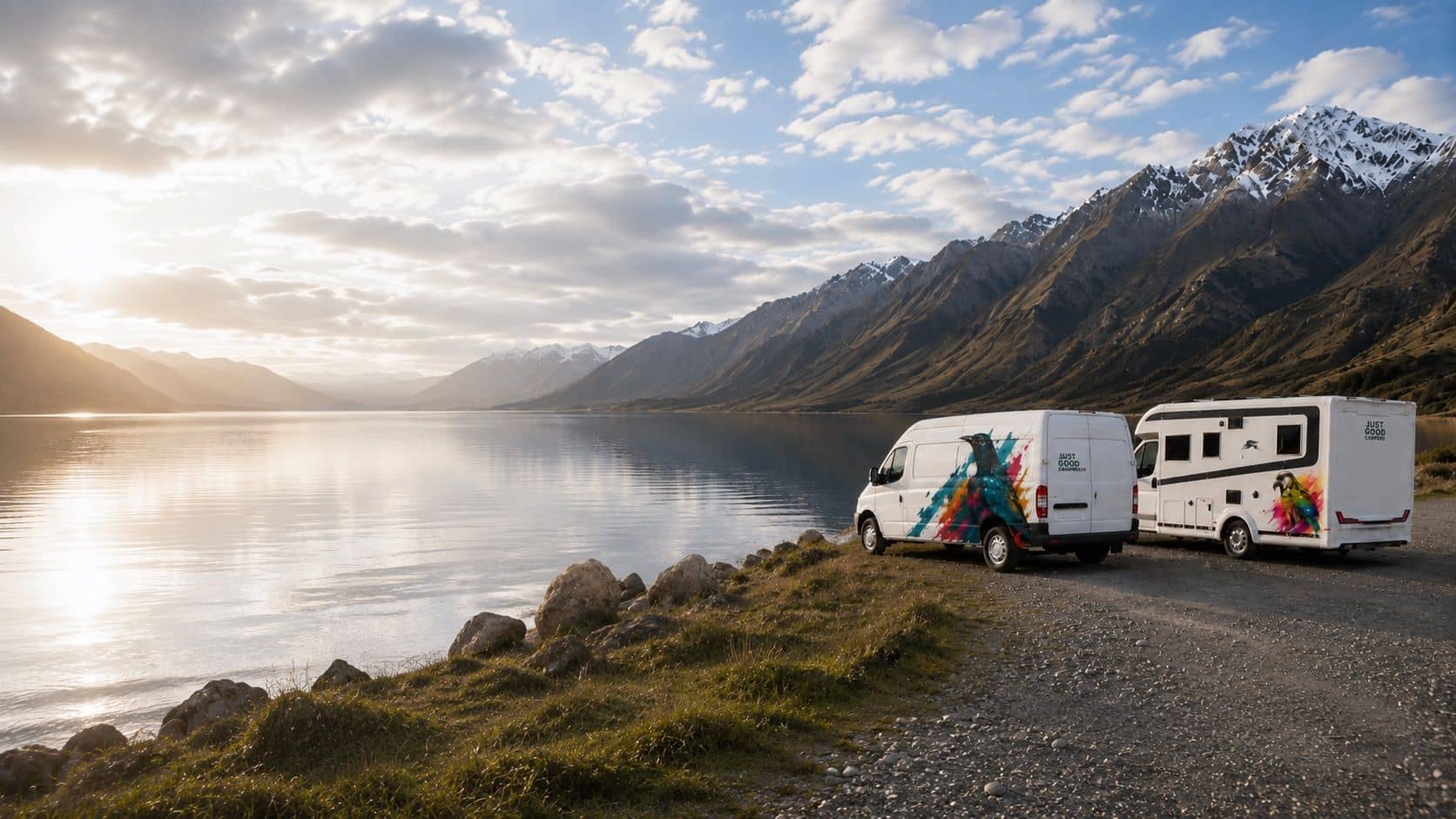Two JustGoodCampers campervans parked beside a New Zealand alpine lake